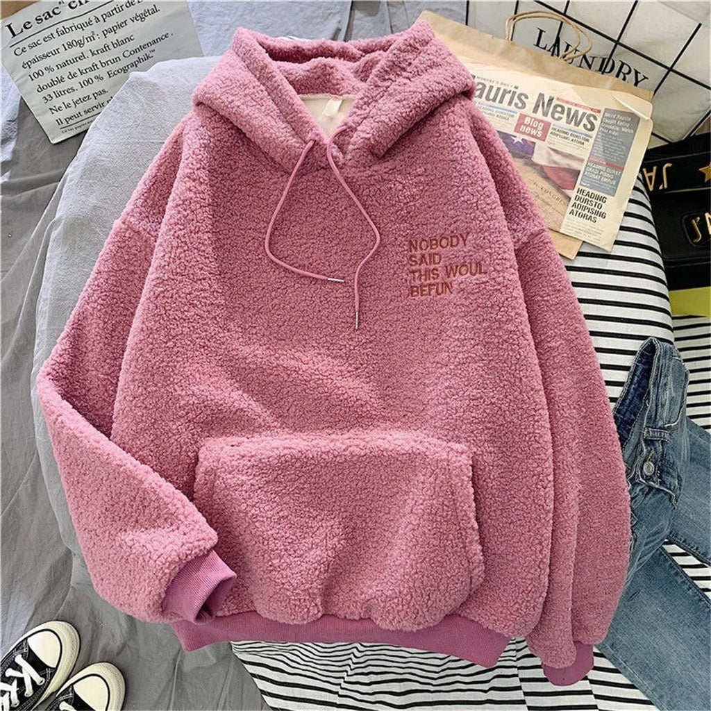 Autumn Winter Fashion Hooded Sweatshirt Women Korean Loose Solid Letter Tops Long Sleeve Warm Outfit Hoodie Lady Casual Street