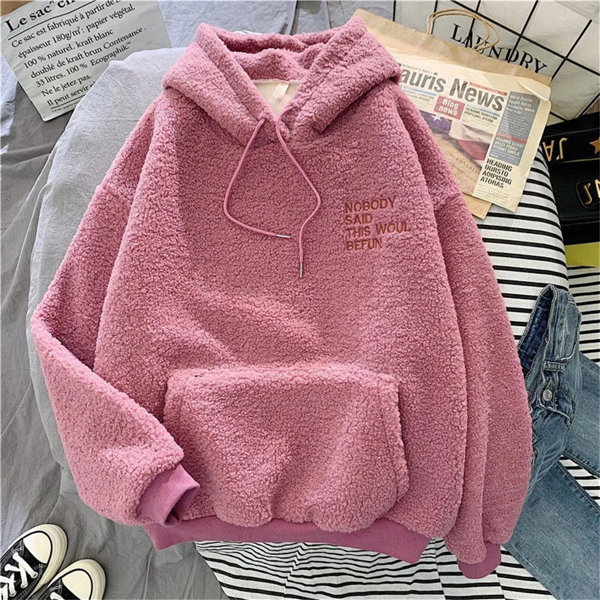 Autumn Winter Fashion Hooded Sweatshirt Women Korean Loose Solid Letter Tops Long Sleeve Warm Outfit Hoodie Lady Casual Street