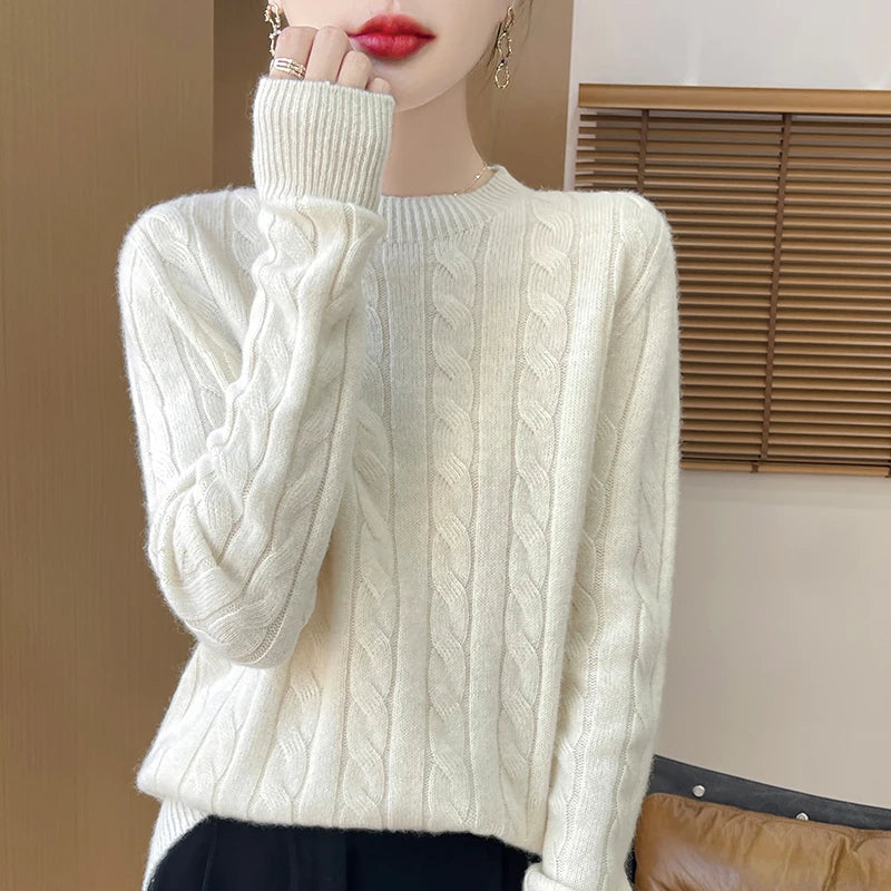 Women's Autumn And Winter 100% Merino Wool Knitted Sweater First-line Ready To Wear Fashion Round Neck Sweater Warm Casual Top