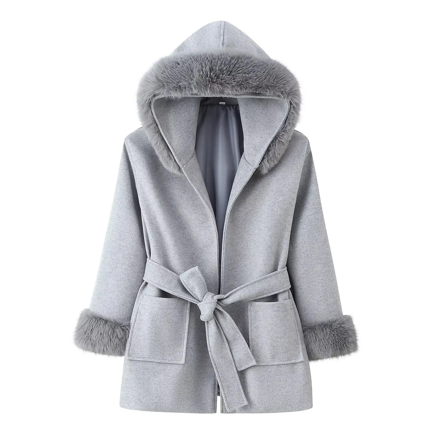Women Hooded Fur Patchwork Lace-Up Woolen Coat Female Street Lapel Pockets Full Sleeve Overcoats Autumn Winter Lady Chic Outwear