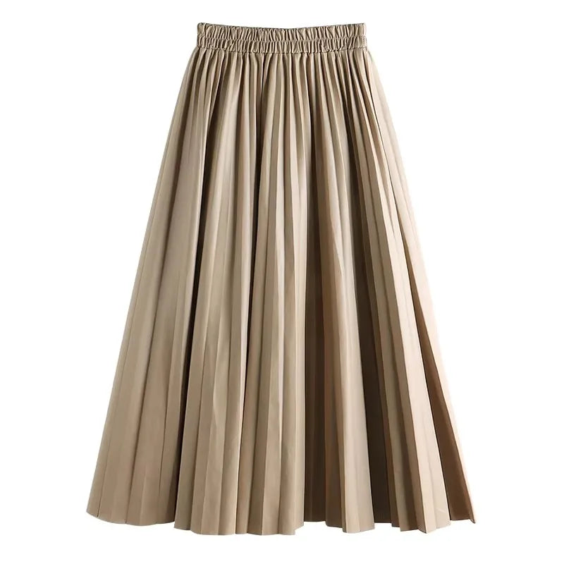 Black PU-leather Pleated Skirt New Women High Waist Fashionable All-match A-Line mi-long Skirt Female