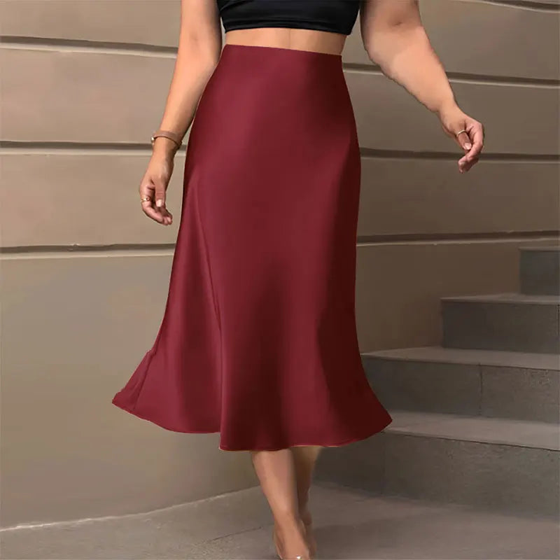 Satin Skirts for Women Korean Style Champagne Office High Waist A-line Skort Fashion Elegant Solid Long Pencil Skirt Silk Like