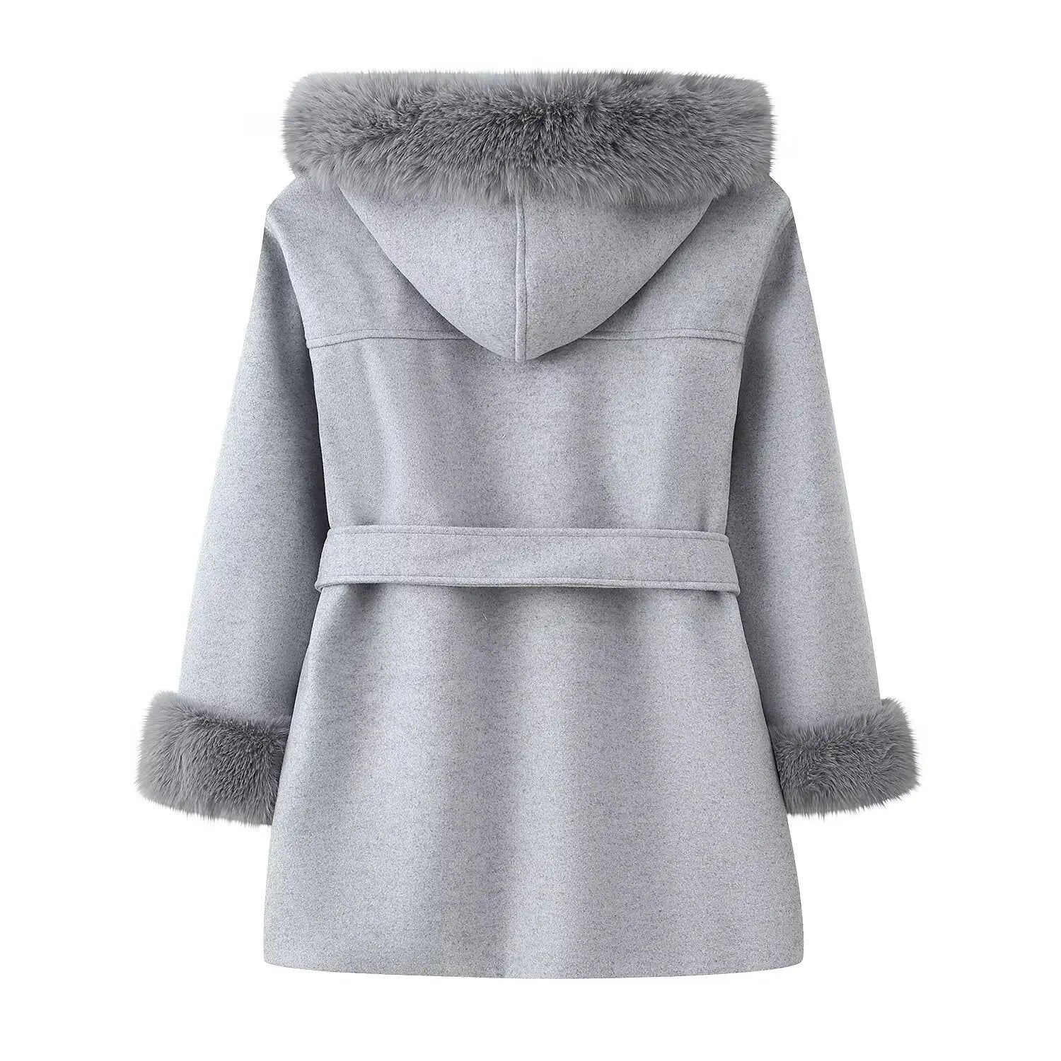 Women Hooded Fur Patchwork Lace-Up Woolen Coat Female Street Lapel Pockets Full Sleeve Overcoats Autumn Winter Lady Chic Outwear