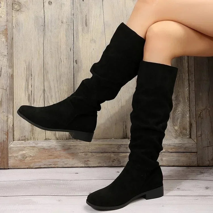 Winter suede women's fashion boots - stylish pleated round-toe long boots - elegant low-heeled plus-size fitted boots for women