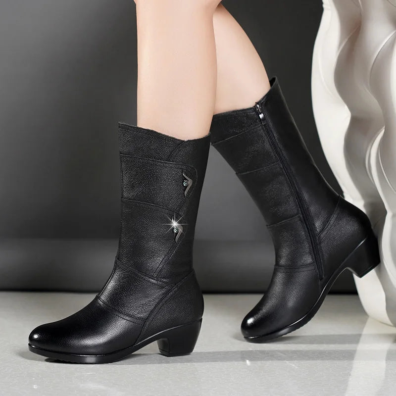 New Winter Elegant Fashion Chunky Mid-calf Boots Round Head Sexy Comfortable Side Zipper Fashion Women's Knight Boots