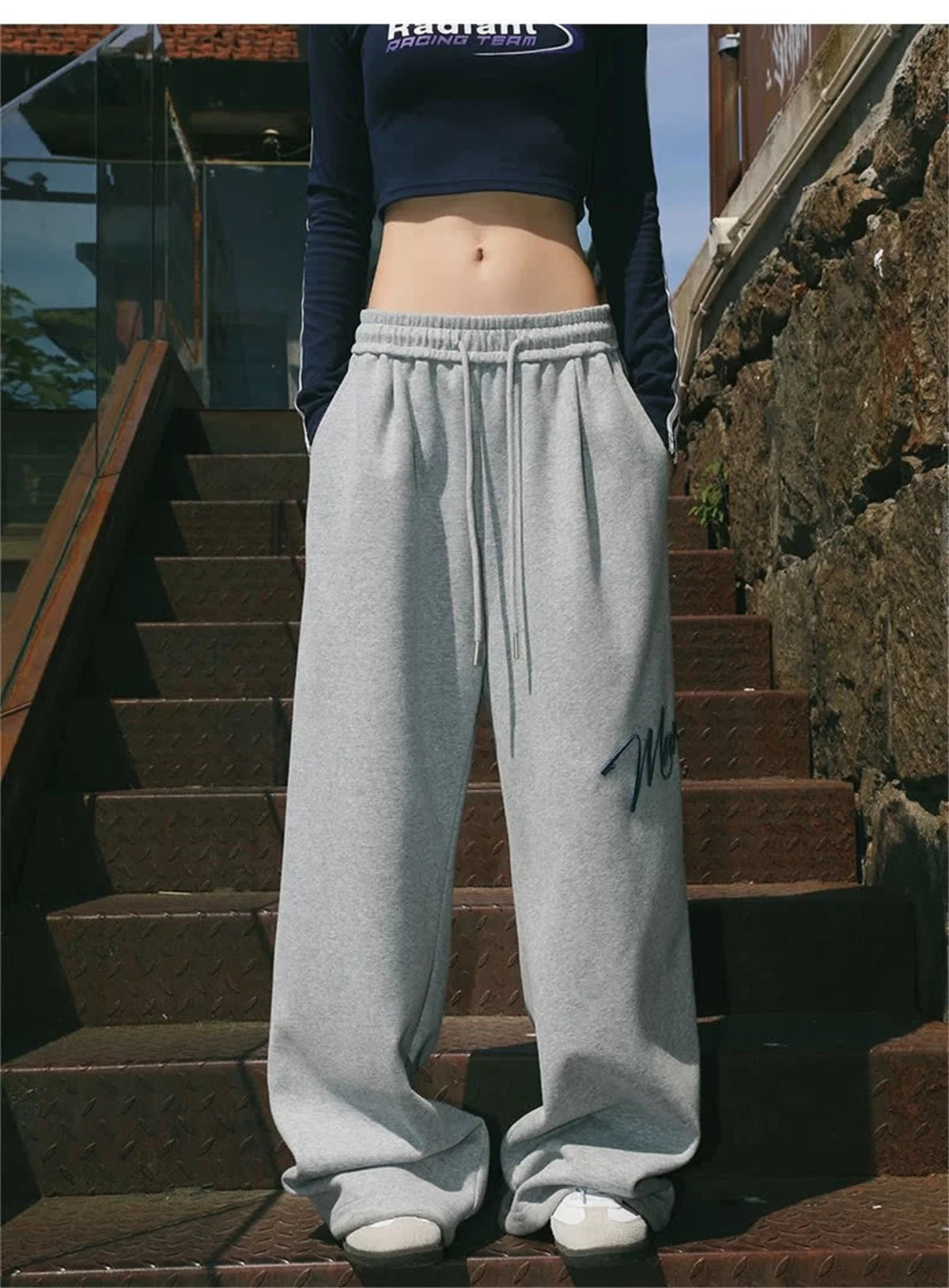 Embroidery Letter Fashion Pant Women High Elastic Waist Drawstring Straight Trouser Lady Y2K Hip Hop American Street Sweatpaants