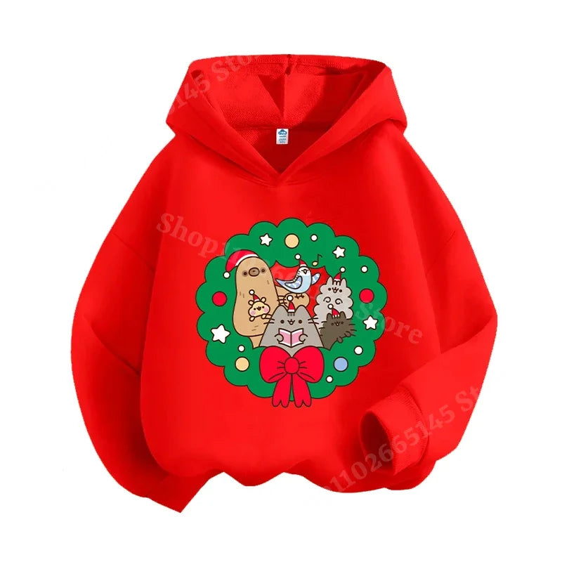 Autumn and winter children's Christmas hoodie sweatshirt cartoon cute cat pullover girls and boys warm clothes Christmas clothin