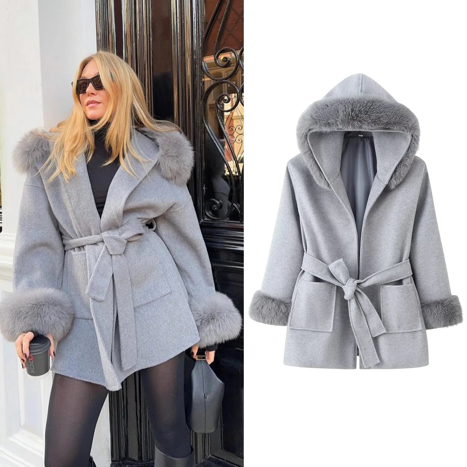 Women Hooded Fur Patchwork Lace-Up Woolen Coat Female Street Lapel Pockets Full Sleeve Overcoats Autumn Winter Lady Chic Outwear