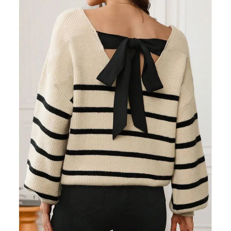 Spring Autumn Loose Women's Knitted Sweater Fashion Stripes And Bow Tie Knitwear V-Neck Long Sleeve Top
