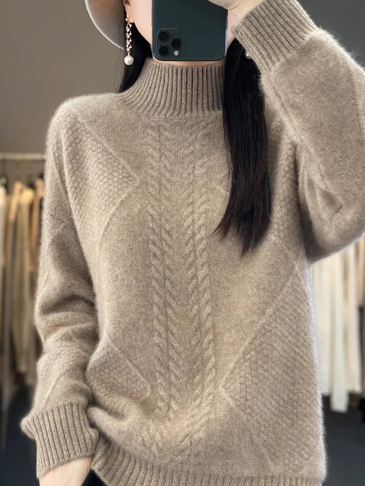 Autumn Winter Women 100% Merino Wool Sweater Striped Twisted Knitted Pullover Casual Loose Long Sleeve Cashmere Clothing Tops