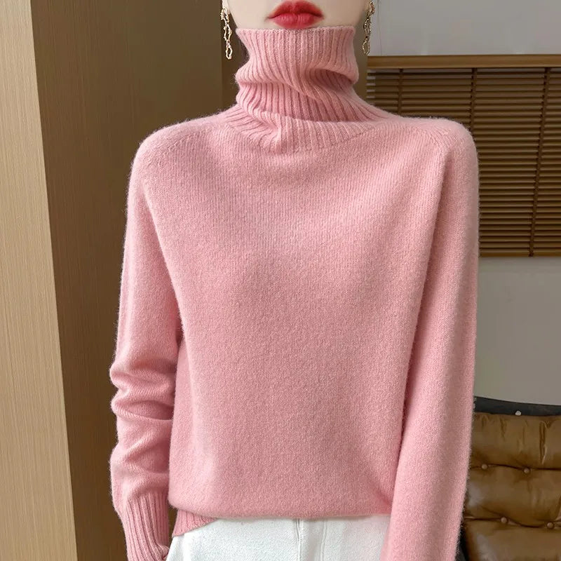 2025 New Autumn/Winter 100% Merino Wool Hoodie Solid Color Long Sleeve High Collar Warm Top Women's 19 Color Sweater WQ708