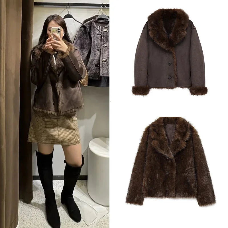 Double Sided Jacket for Women WinterTurn-down Collar Single Breasted Casual Jackets Artificial Fur And Suede Effect Female Coats
