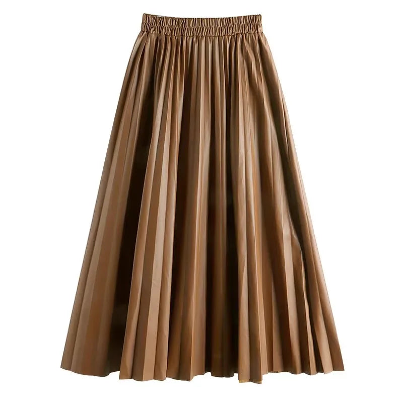 Black PU-leather Pleated Skirt New Women High Waist Fashionable All-match A-Line mi-long Skirt Female