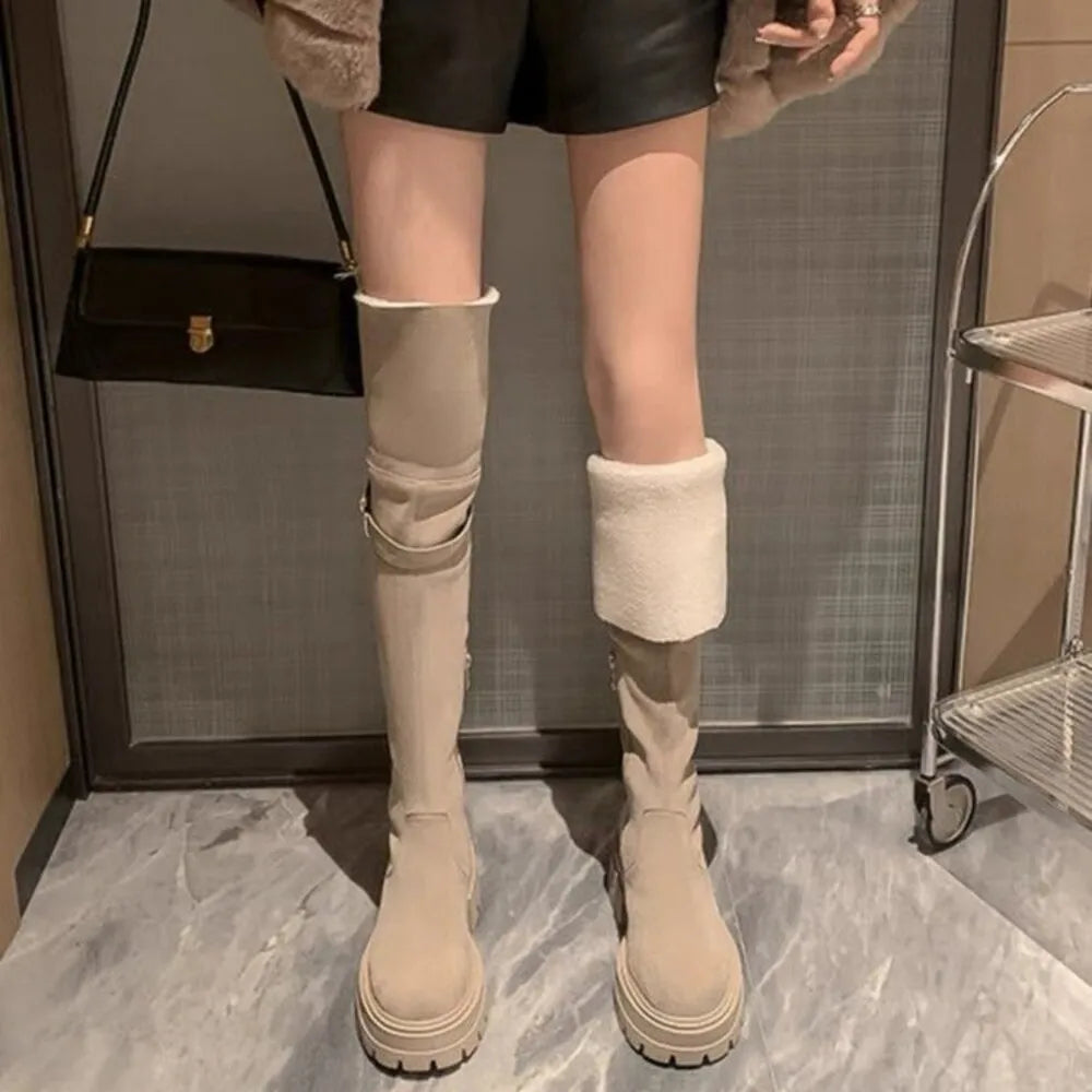 2025 Women's Wide Calf Over The Knee Boots Stretch Riding Boots Flat Foldable Two-Way Wear Suede Long Boots for Thick Thighs