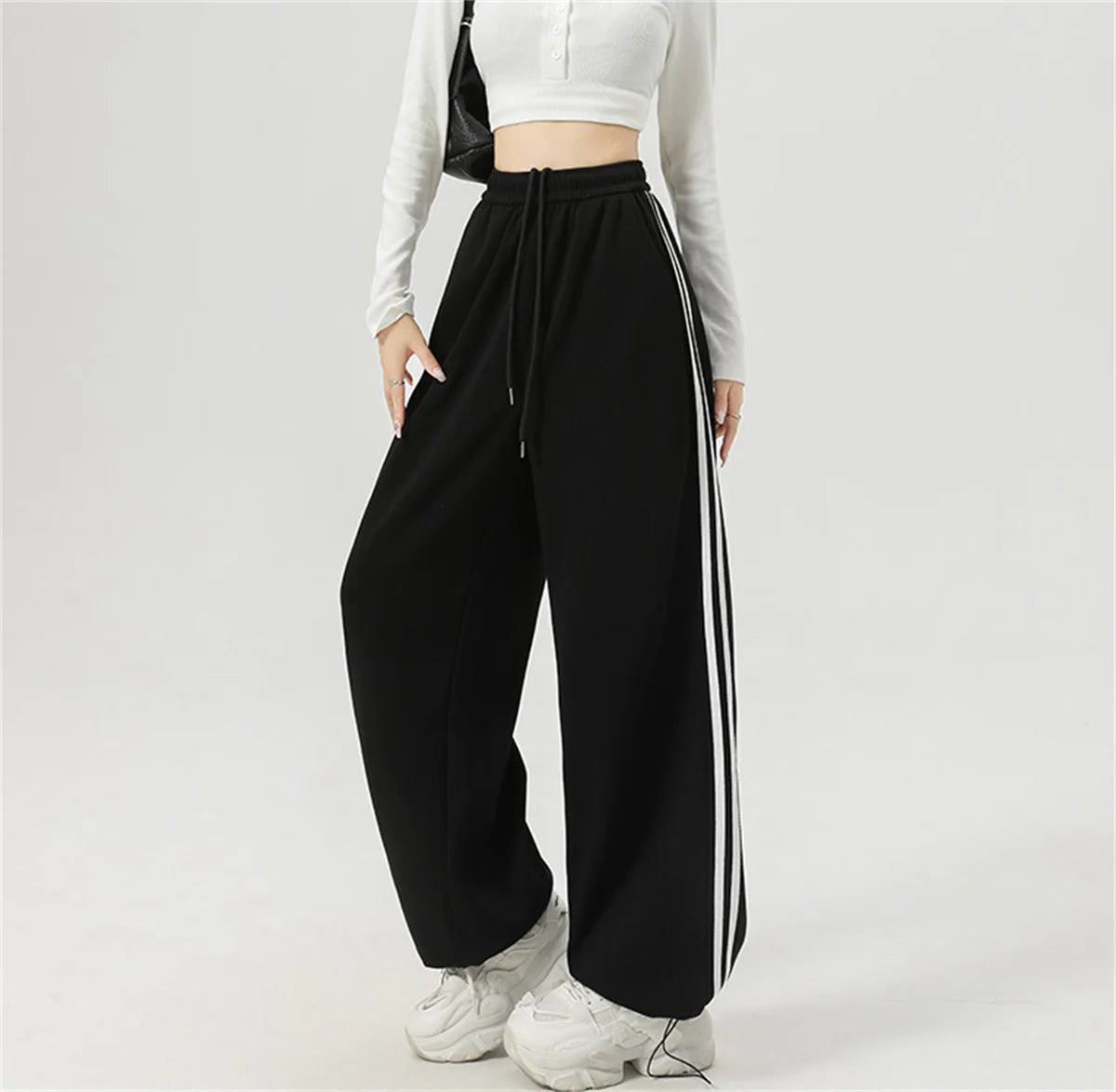 Women Stripe Chic Straight Pant Autumn Spring Retro Sports Sweatpants High Waist Color Blocked Trouseres Lady Casual Streetwear