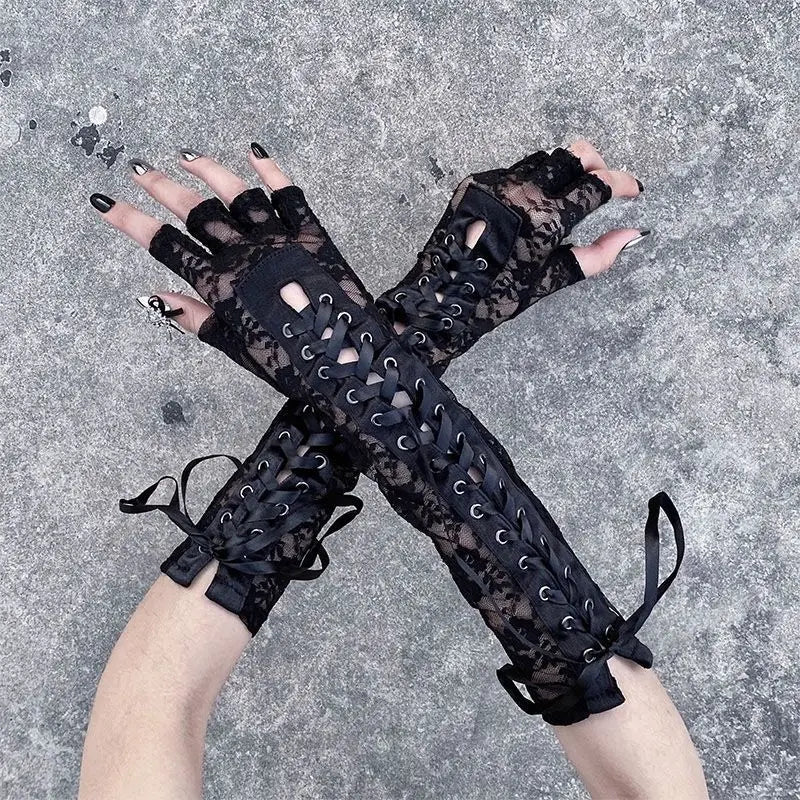 Women Sexy Floral Lace Elbow Length Half-Finger Gloves Black String Ribbon Ties Up Dance Party Fingerless Fishnet Mesh Mittens