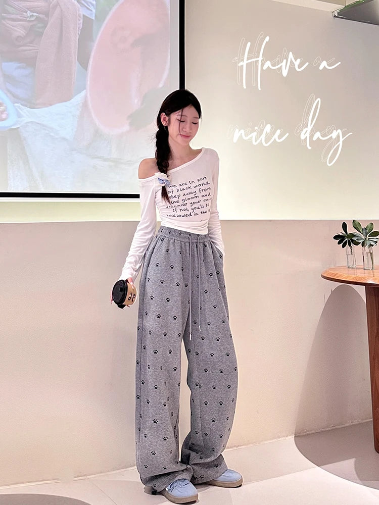 Autumn Winter Casual Sports Sweatpants - Women's High Waisted Wide Leg Drawstring Loose Straight Leg Pants