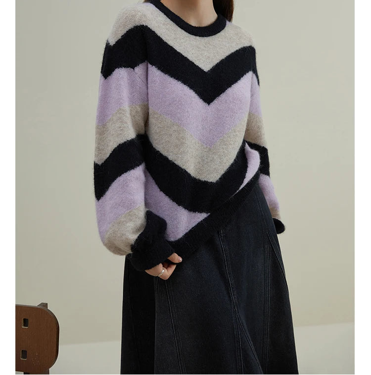 DUSHU Loose Soft Sticky Stripe Knit Shirt Pullovers Winter 2023 New Peruvian Alpaca Wool Inner Layer Knit Pullovers For Women