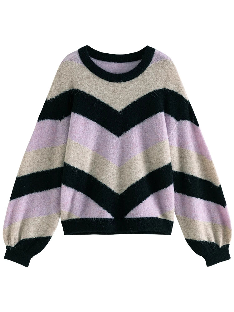 DUSHU Loose Soft Sticky Stripe Knit Shirt Pullovers Winter 2023 New Peruvian Alpaca Wool Inner Layer Knit Pullovers For Women