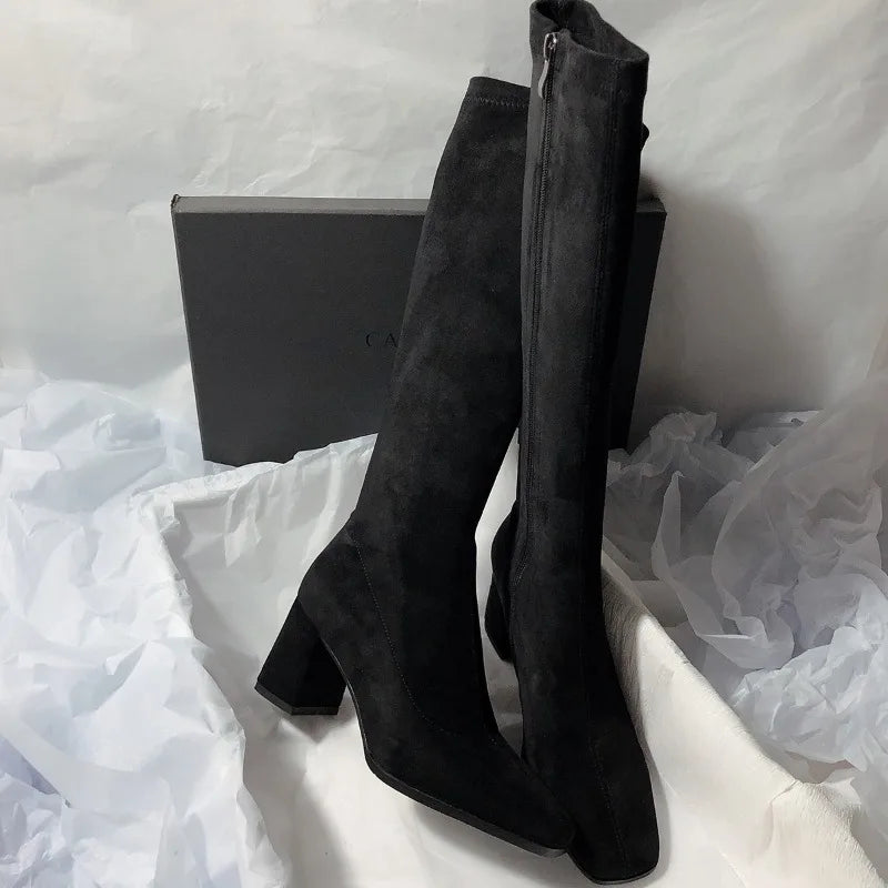 New Women's Fashion Suede Casual High Boots 2025 Brand Designer Women's Boots High Quality Thick Heel Mid-calf Boots Plus Size