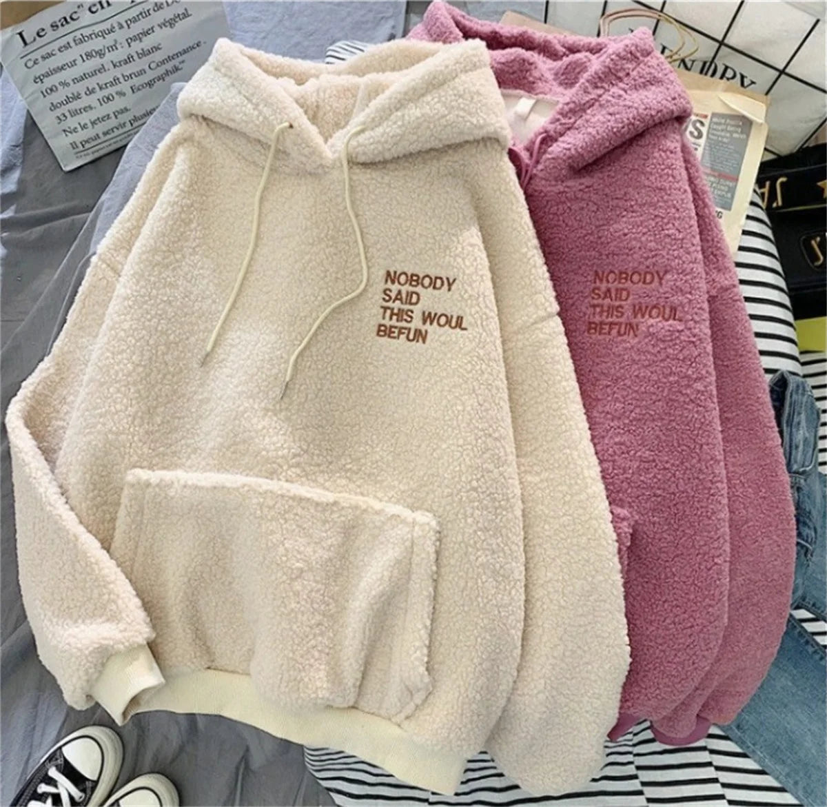 Autumn Winter Fashion Hooded Sweatshirt Women Korean Loose Solid Letter Tops Long Sleeve Warm Outfit Hoodie Lady Casual Street