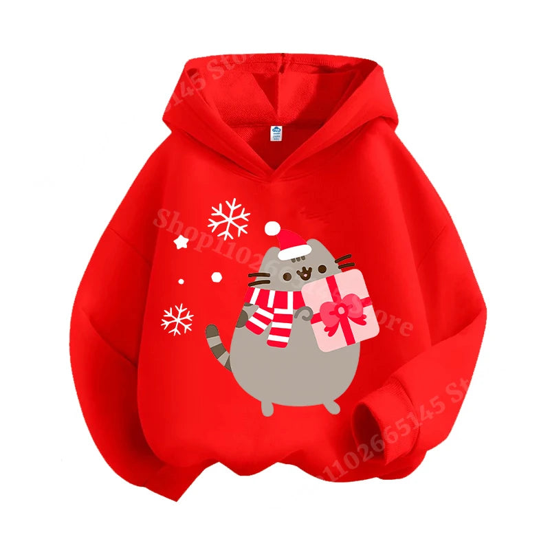 Autumn and winter children's Christmas hoodie sweatshirt cartoon cute cat pullover girls and boys warm clothes Christmas clothin