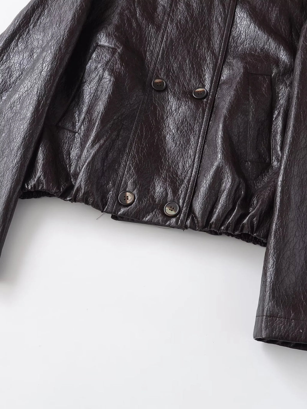 2025 Winter New Women's Casual Fashionable Simple Stand Collar Long Sleeve Leather Button Double-Breasted Loose Short Jacket