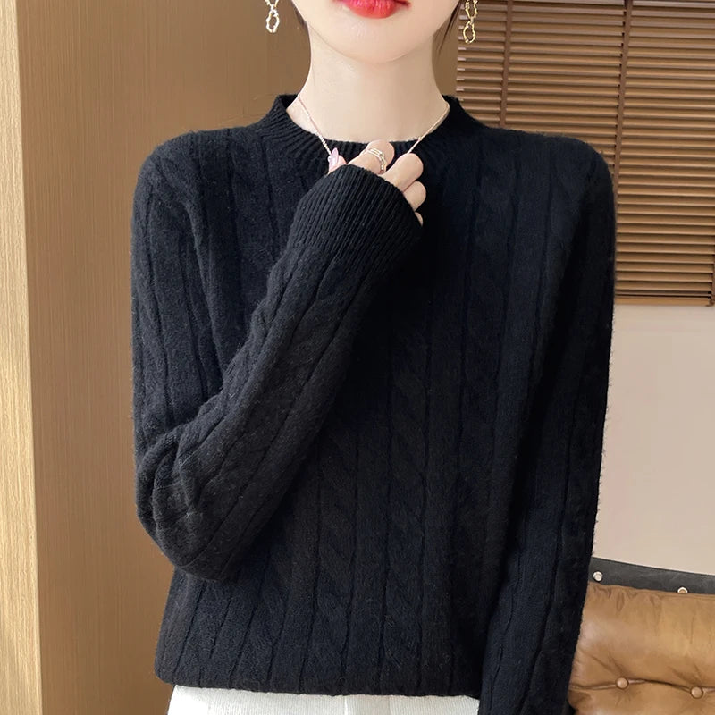 Women's Autumn And Winter 100% Merino Wool Knitted Sweater First-line Ready To Wear Fashion Round Neck Sweater Warm Casual Top
