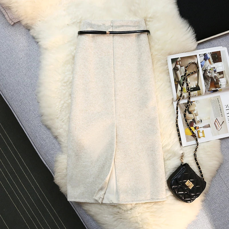 Seoulish 2024 New Autumn Winter Wrapped Woolen Midi Skirts for Women Fashion High Waist Solid Color Office Lady Straight Skirts