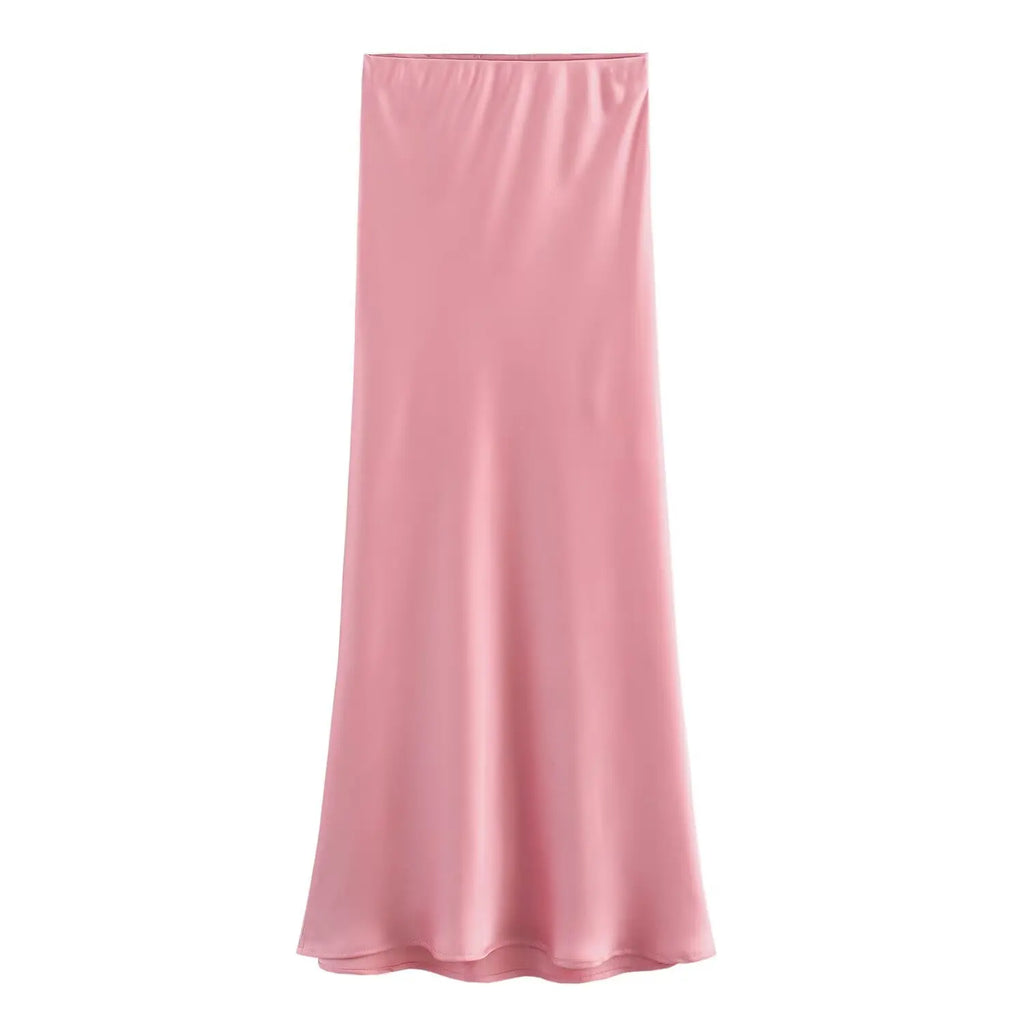 KONDALA Vintage Satin Solid Long Skirts Women High Waist Elastic Silky Skirts Fashion 2025 Spring Elegant Straight Skirts