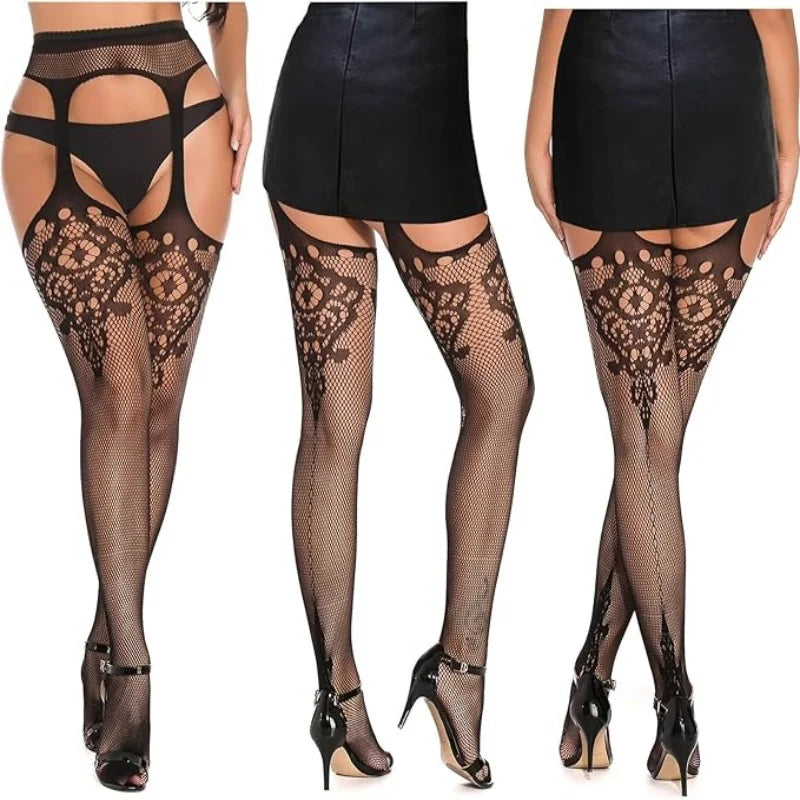 3 Pcs Pantyhose Fishnet Sexy Thigh-High Stockings Suspender Stockings for Women Garter Belt Stockings Hollow Out Pattern Tights
