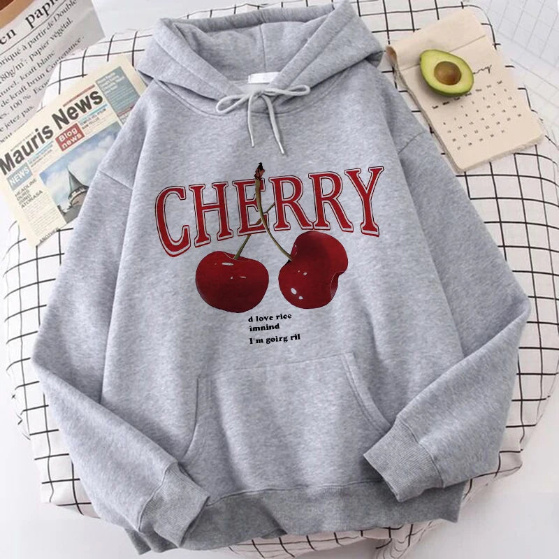 Girls 2000s Cherry Love Long Sleeve Pocket Hoodies Funny Gothic Sweatshirt  Women's Print Casual Hoody Streetwear Y2k Clothes
