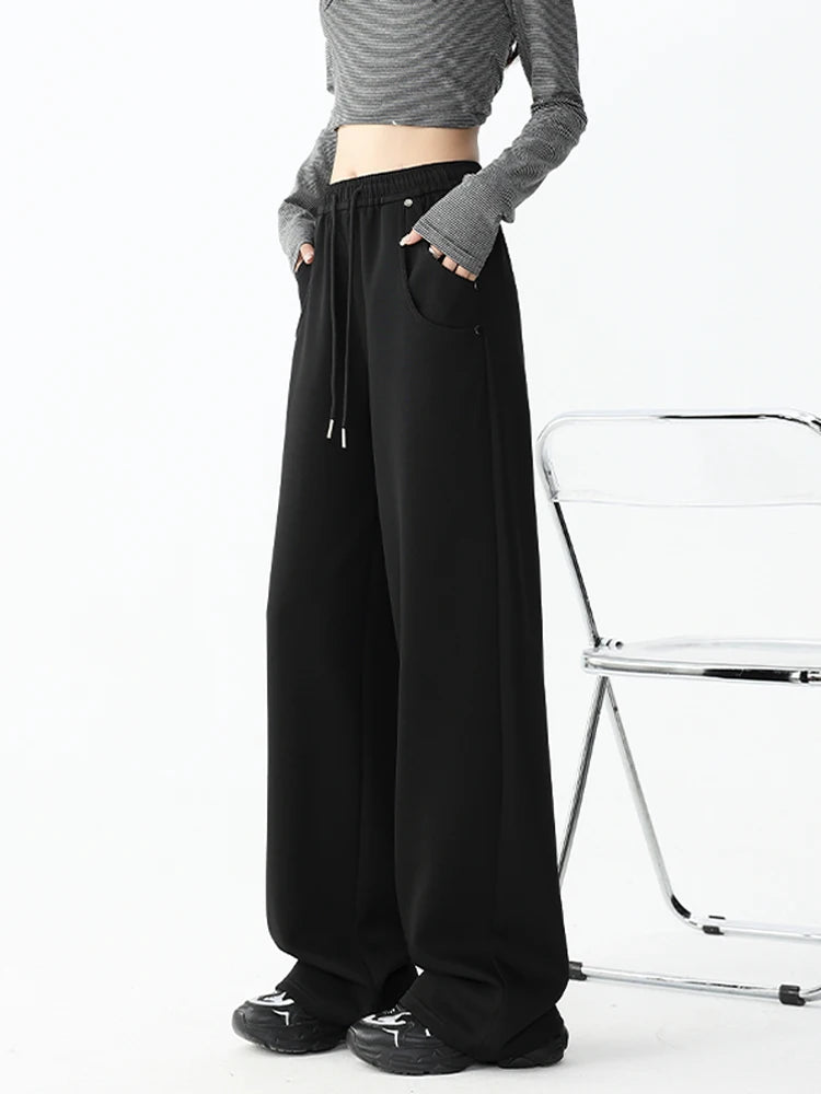 Women's High-Waisted Wide-Leg Sweatpants Spring Autumn Casual Loose Pants with Two Pockets Daily Versatile