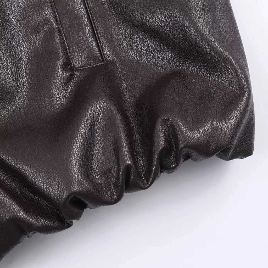 2025 Winter New Women's Casual Fashion Simple Loose Comfortable Stand Collar Long Sleeve Faux Leather Jacket