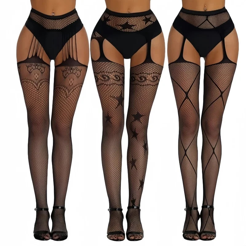 3 Pcs Pantyhose Fishnet Sexy Thigh-High Stockings Suspender Stockings for Women Garter Belt Stockings Hollow Out Pattern Tights