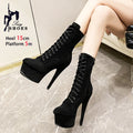 2025 New Suede Women  Ankle Boots 15cm 6Inches High Heels Platform Boots Female Zip Lace-Up Stiletto Performance Model Boots