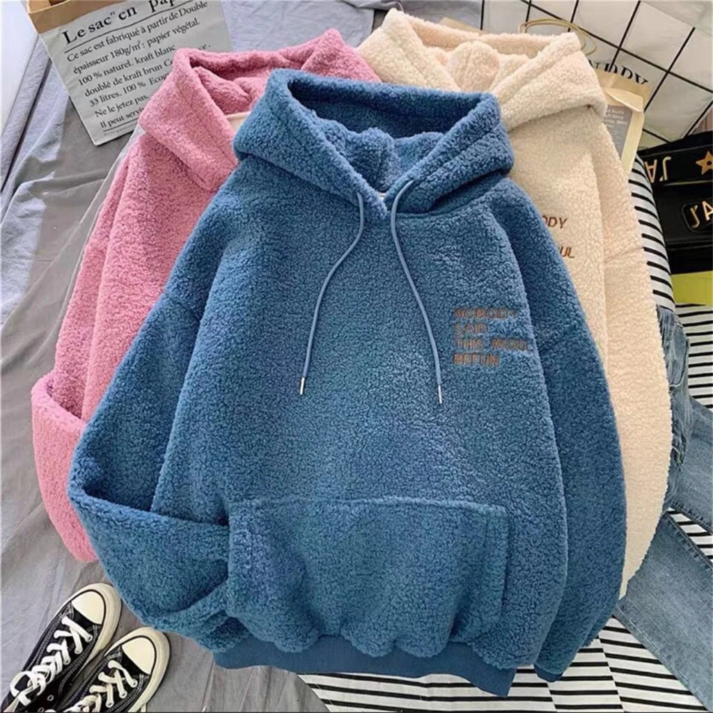 Autumn Winter Fashion Hooded Sweatshirt Women Korean Loose Solid Letter Tops Long Sleeve Warm Outfit Hoodie Lady Casual Street