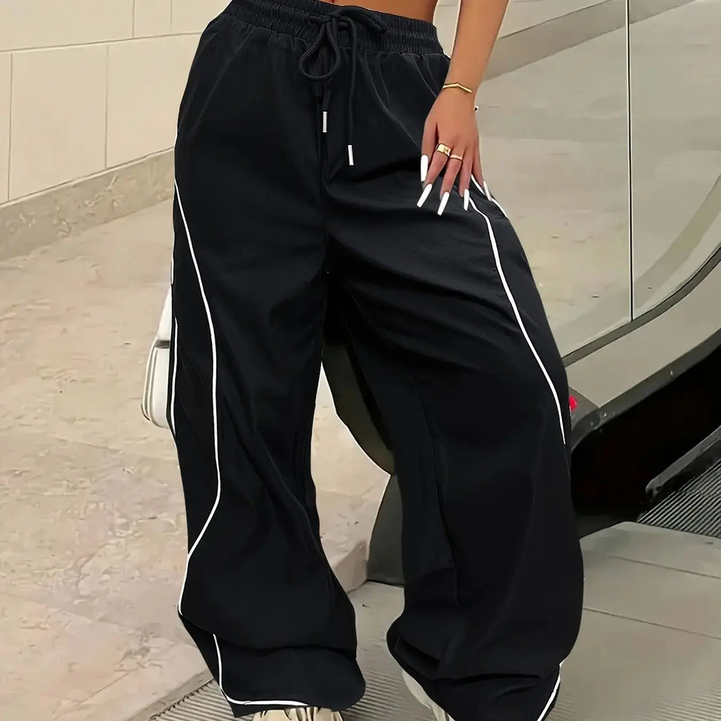 Y2K Casual Striped Contrasting Elastic Waist Workwear Parachute Pants Women's Mid-Rise Drawstring Wide Leg Loose Fit Cargo Pants