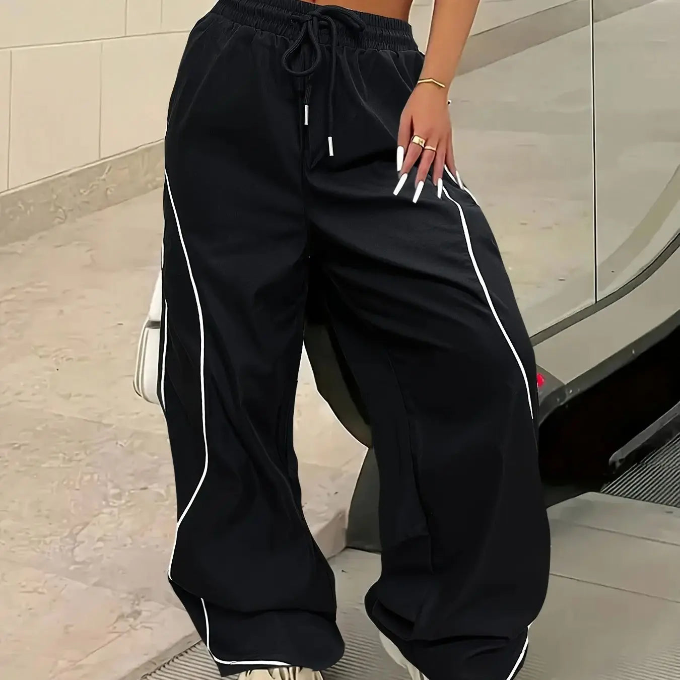 Y2K Casual Striped Contrasting Elastic Waist Workwear Parachute Pants Women's Mid-Rise Drawstring Wide Leg Loose Fit Cargo Pants