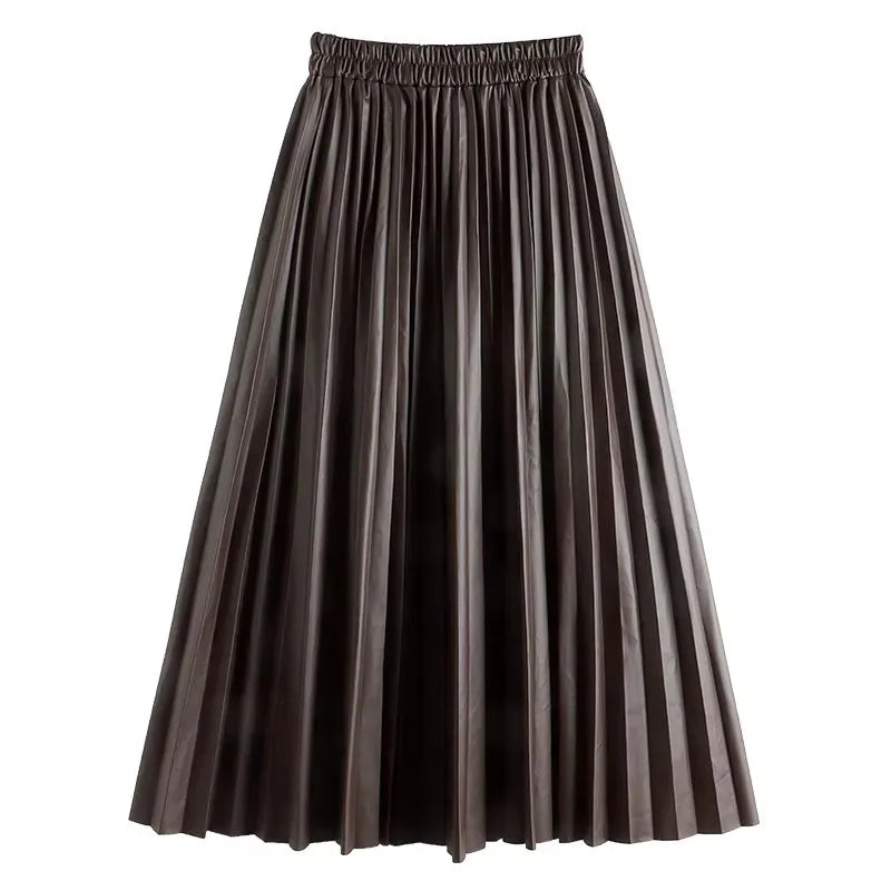 Black PU-leather Pleated Skirt New Women High Waist Fashionable All-match A-Line mi-long Skirt Female