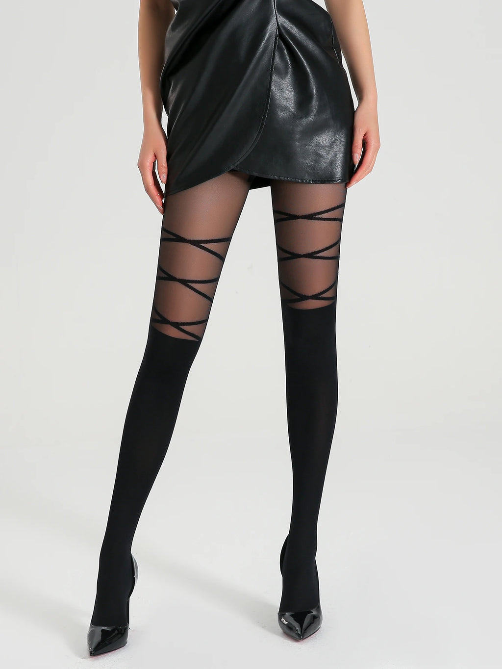 A pair of women's stylish striped pantyhose with thigh-strap high elastic translucent tights