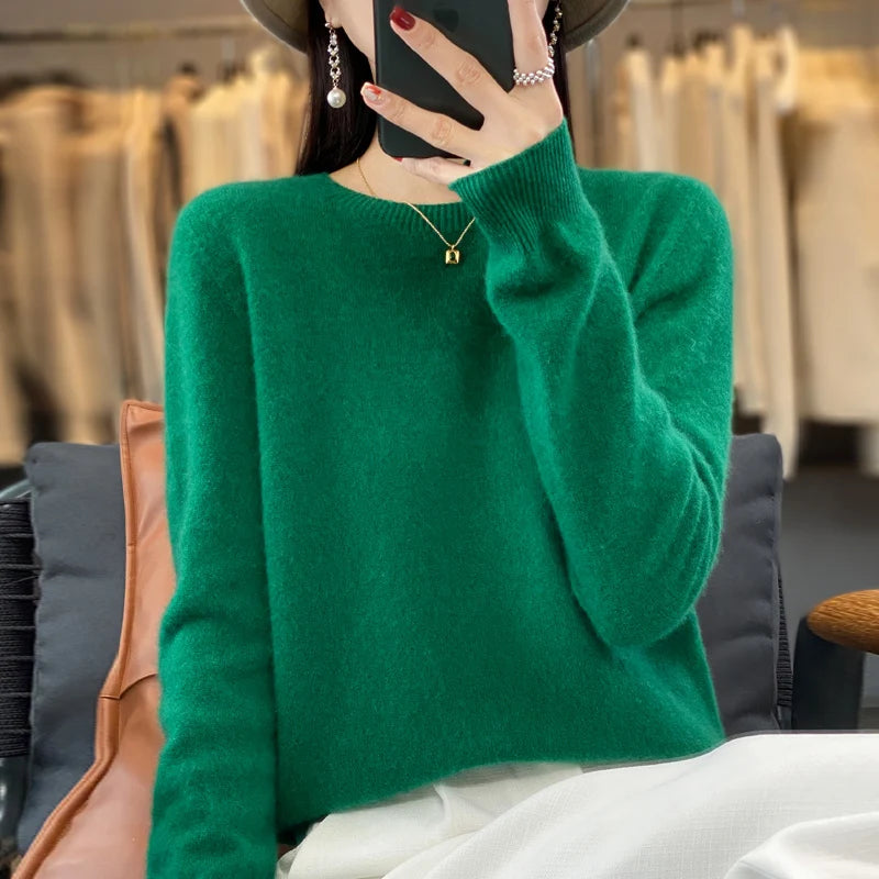 Autumn Winter Women 100% Merino Wool Sweater O-Neck Cashmere Pullover Basic Fashion Clothing Comfort Warm Top Casual Solid