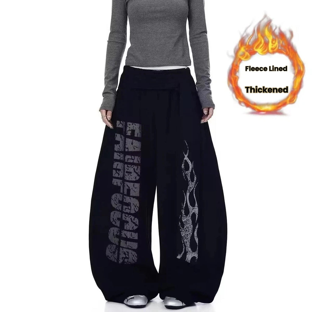 American-style straight-leg sweatpants with velvet, fashionable design, letter mopping pants, high-waist drapey wide-leg pants