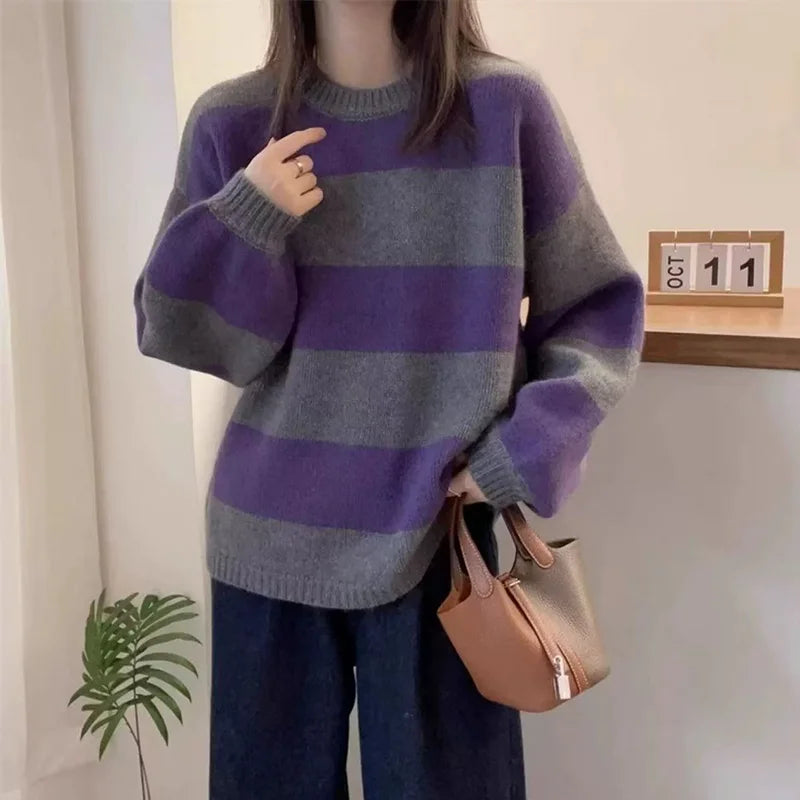 Simple striped round-neck cashmere knitted sweater women loose long-sleeved top versatile autumn and winter wool base sweater