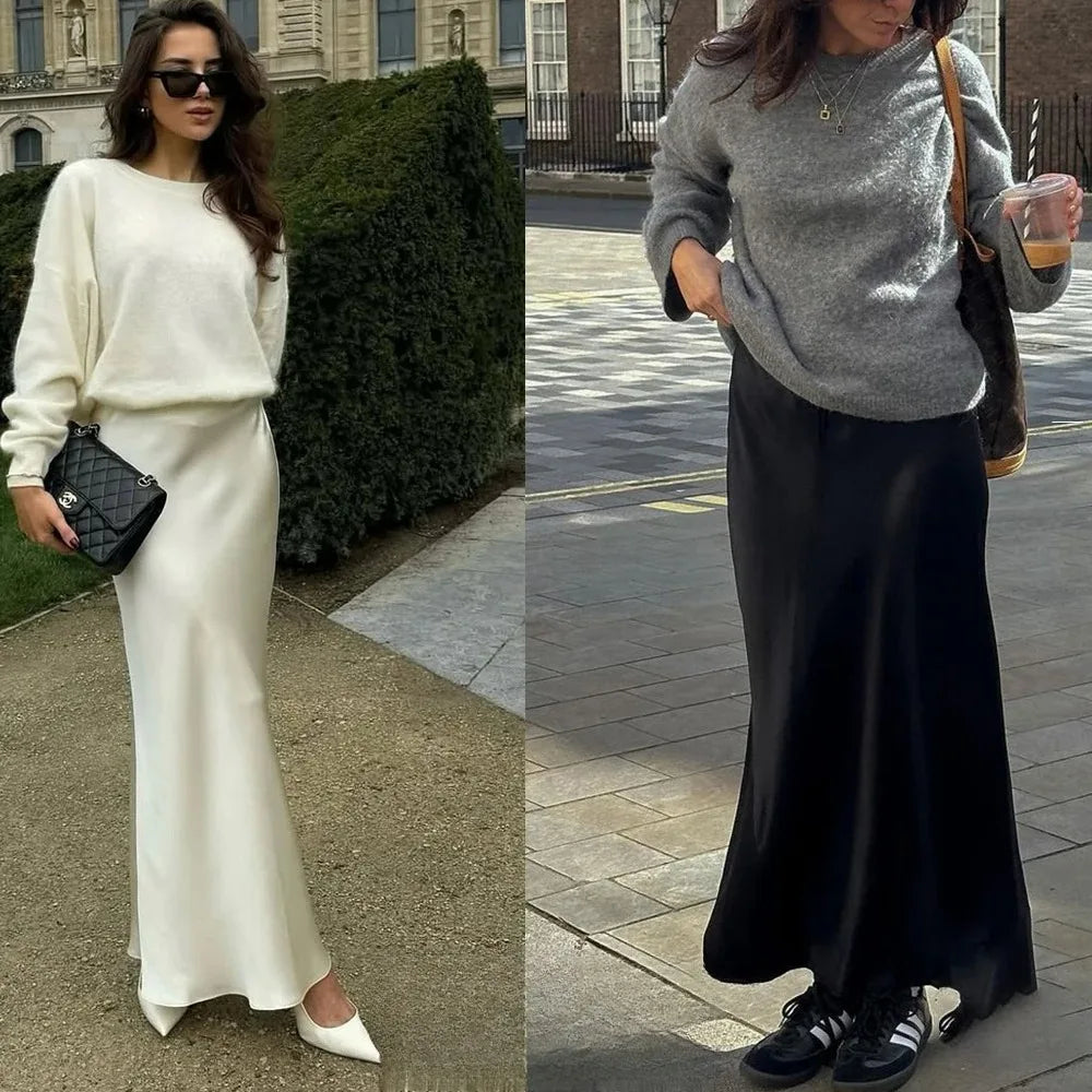 KONDALA Vintage Satin Solid Long Skirts Women High Waist Elastic Silky Skirts Fashion 2025 Spring Elegant Straight Skirts