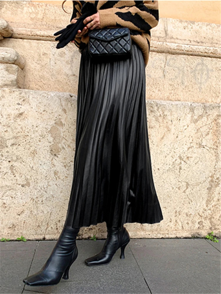Black PU-leather Pleated Skirt New Women High Waist Fashionable All-match A-Line mi-long Skirt Female