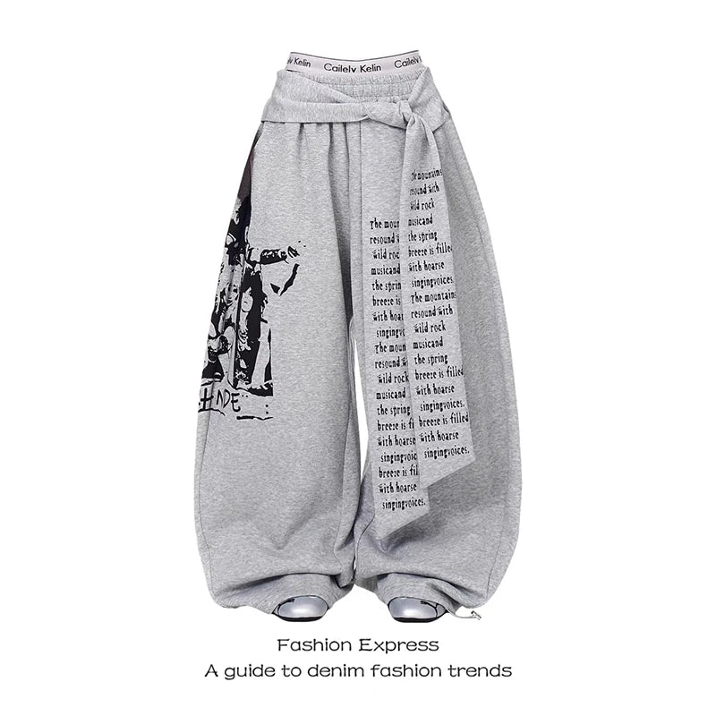 ZHIZOU Women Gray Gothic Baggy Y2k Letter Print Pants Harajuku 2000s Vintage Oversize Sweatpants Wide Leg Trousers Autumn 2025