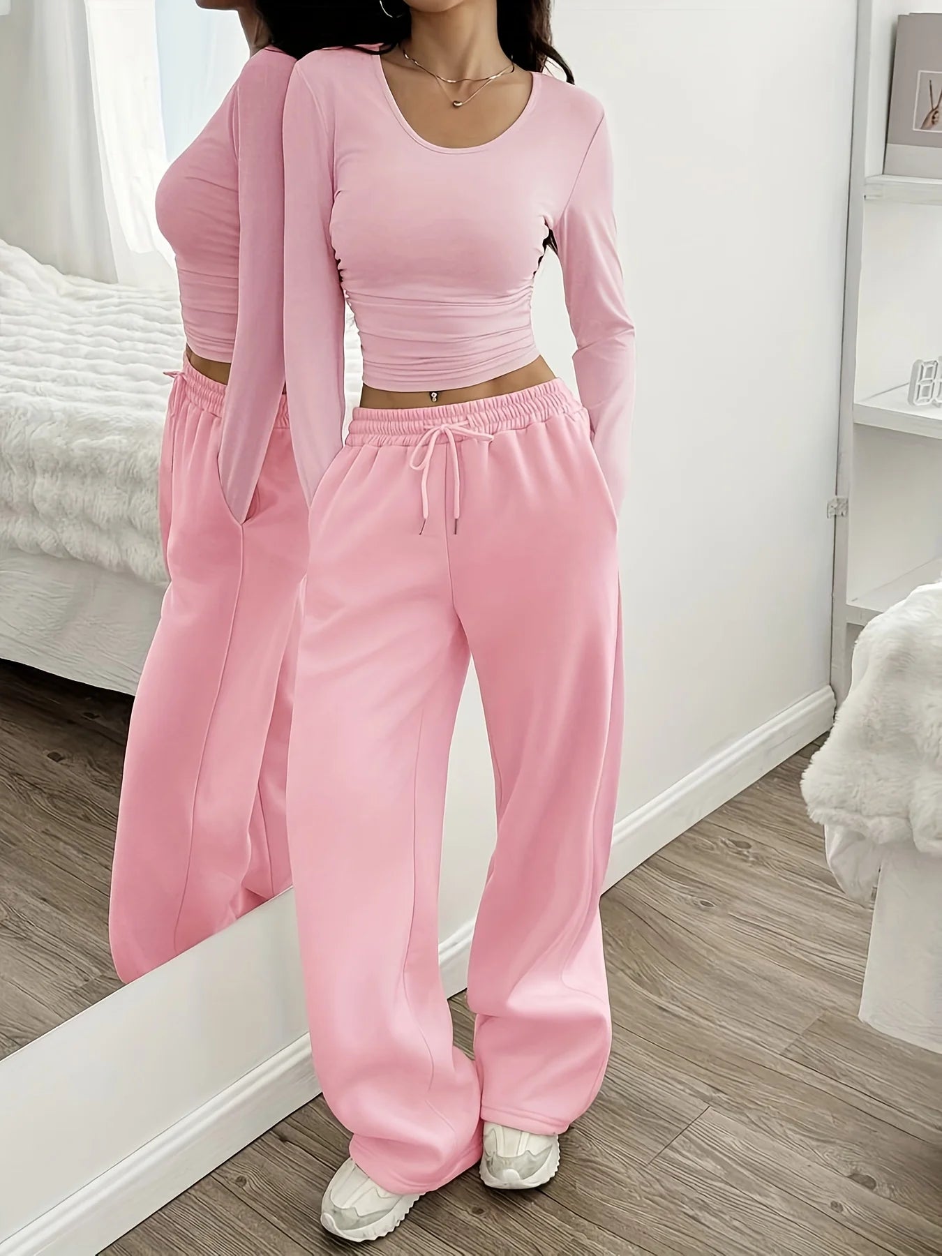 Women's Solid Color Wide Leg Pants Casual Drawstring Sweatpants with Pockets Jogging Loose Pants Relaxed Fit Style Autumn Winter