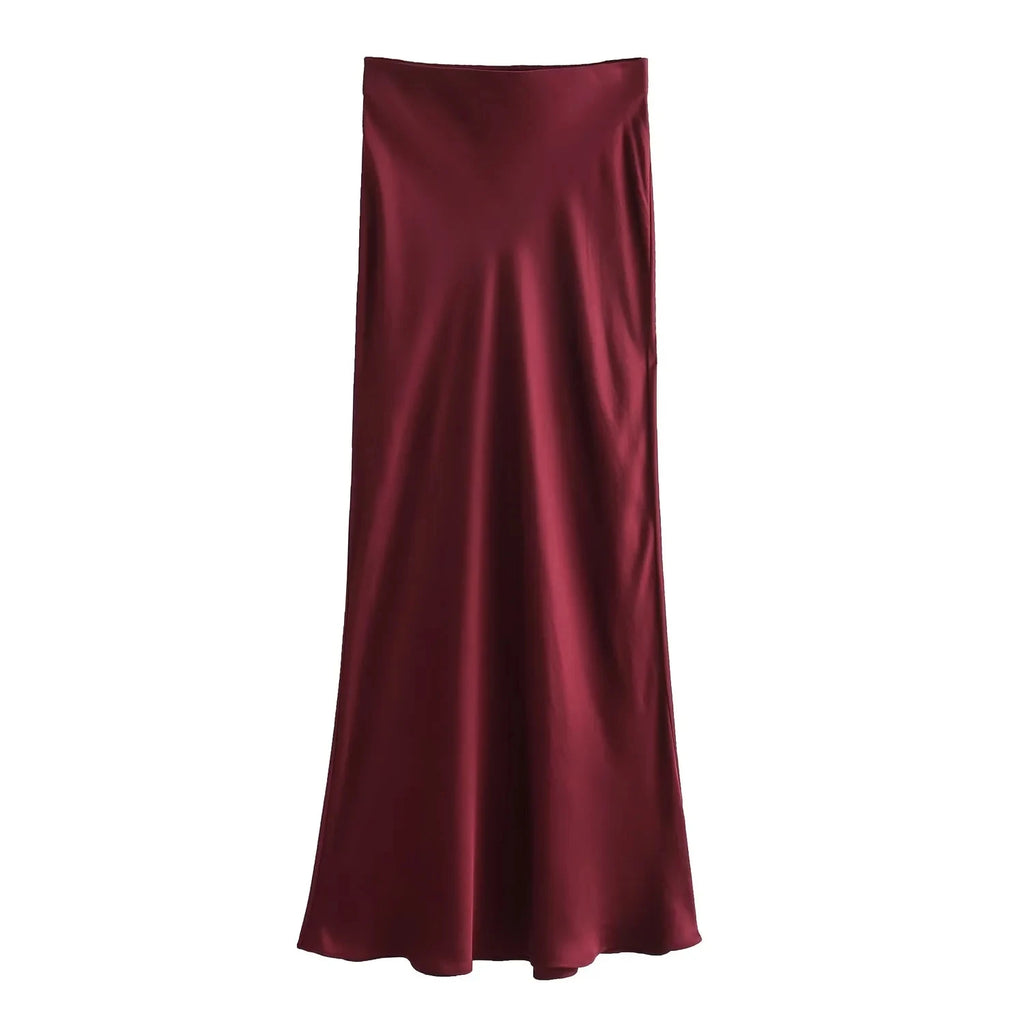KONDALA Vintage Satin Solid Long Skirts Women High Waist Elastic Silky Skirts Fashion 2025 Spring Elegant Straight Skirts
