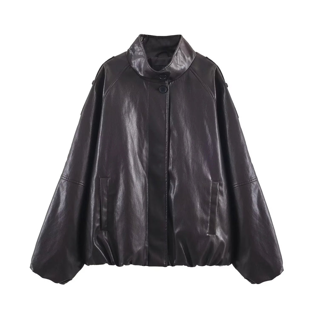2025 Winter New Women's Casual Fashion Simple Loose Comfortable Stand Collar Long Sleeve Faux Leather Jacket